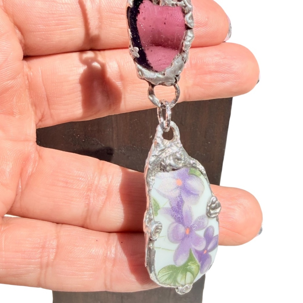 Violets Broken China & Sea Glass Artisan Silver-Blend Metalwork Bezel Pendant - Picture 6 of 16
